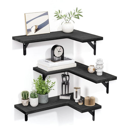 Corner Floating Shelves Set of 3 Wall Mounted Rustic Wood Storage Display Shelves-Black