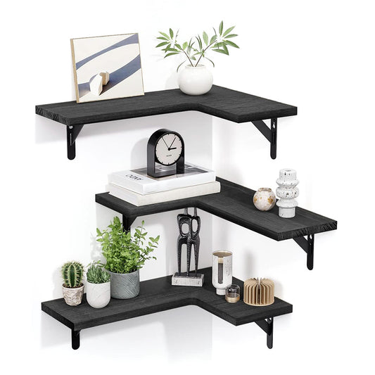 Corner Floating Shelves Set of 3 Wall Mounted Rustic Wood Storage Display Shelves-Black