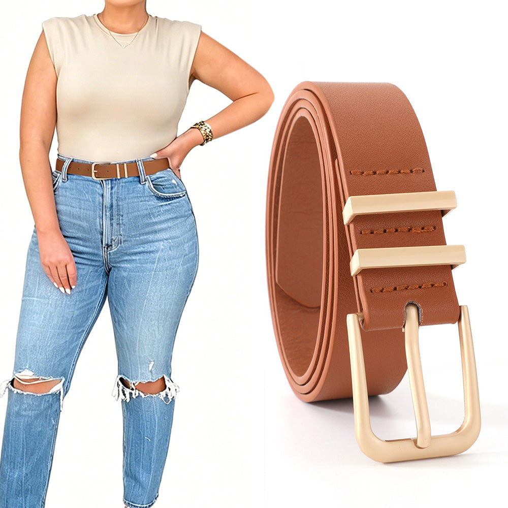Women PU Leather Waist Belt Gold Pin Buckle Casual Belt for Jeans Dress-Camel