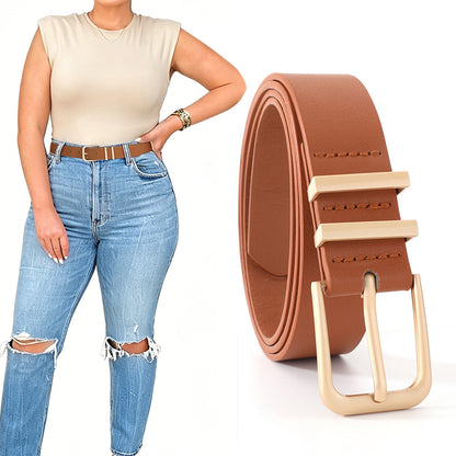 Women PU Leather Waist Belt Gold Pin Buckle Casual Belt for Jeans Dress-Camel