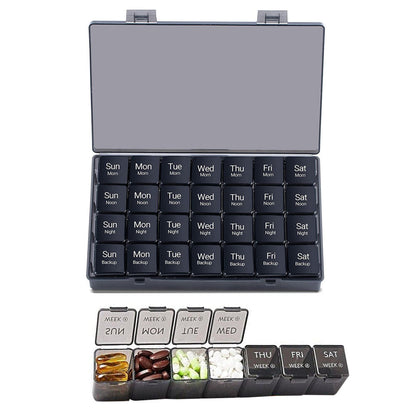 7-Day 28 Compartments Pill Box Medicine Organiser with Snap Lids for Vitamin Fish Oil Medicine Black