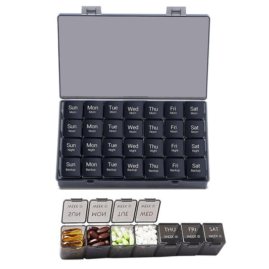 7-Day 28 Compartments Pill Box Medicine Organiser with Snap Lids for Vitamin Fish Oil Medicine Black
