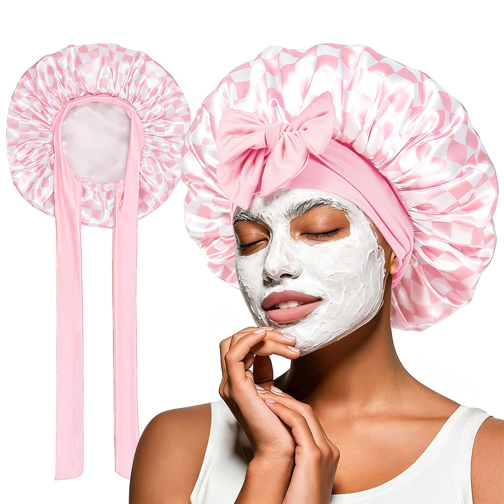 Satin Sleep Bonnet Hair Wrap for Women Adjustable Bow Print Silk Like Night Cap-Style1