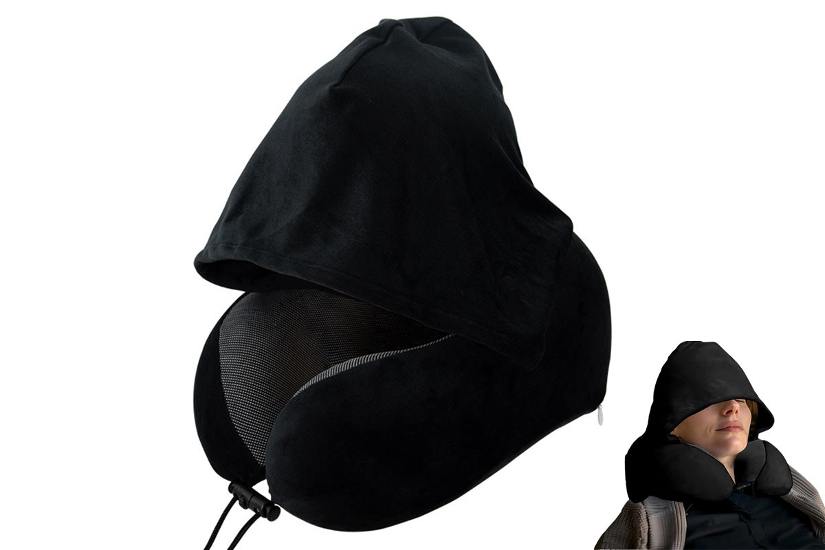 Hooded Travel Pillow with 3D Eye Masks Memory Foam Neck Pillow for Airplane Sleeping-Black