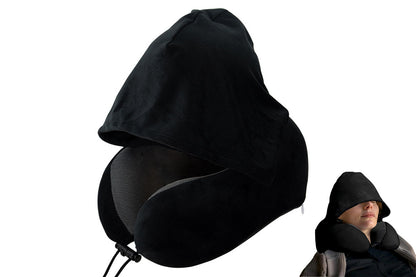 Hooded Travel Pillow with 3D Eye Masks Memory Foam Neck Pillow for Airplane Sleeping-Black