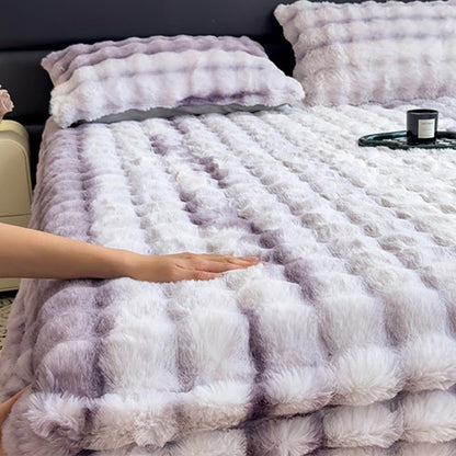 Plush Fitted Sheet with 2 Pillowcases Set Warm Mattress Cover Faux Fur Fitted Sheet Bedding Kit Purple