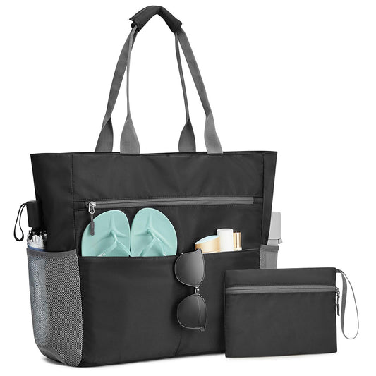 Beach Bag Large Foldable Sandproof Totes Bag With Zipper Beach Shoulder Bag-Black