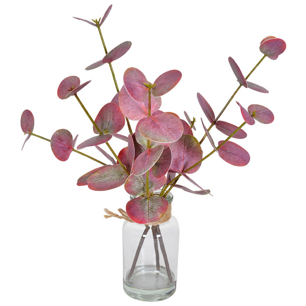 Realistic Artificial Eucalyptus Plant 3-Branch Faux Water Decorative Leaves-red