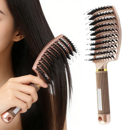 Detangle Nylon Boar Bristle Brush Head Scalp Massage Comb For Fine Hair-Gold