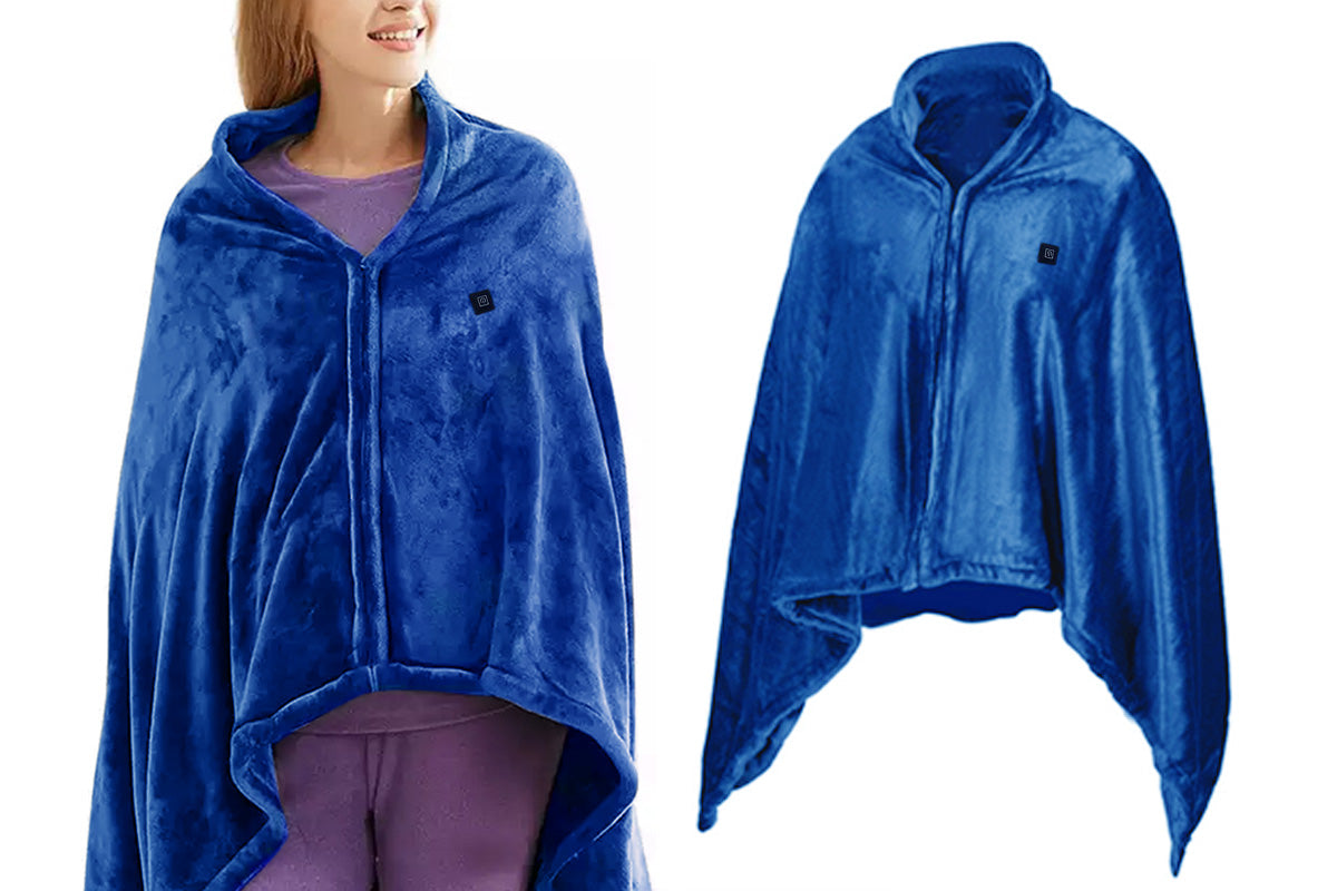 Portable Heated Blanket USB Charging Plush Warm Shawl Wearable for Home Office -Blue
