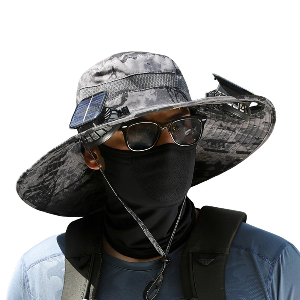 Wide Brim Sun Hat with Fans Solar Power UPF 50+ Bucket Fishing and Beach Hat-Grey