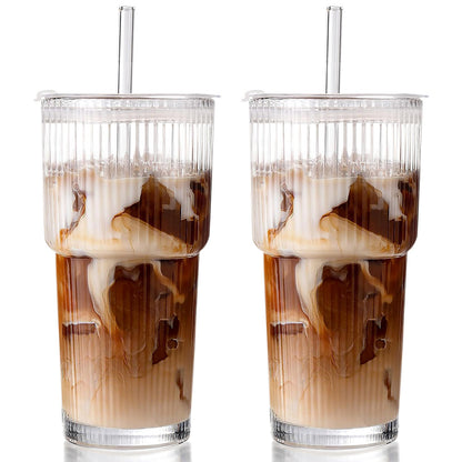 2Pcs Iced Coffee Cups with Lid Ribbed Glass Tumbler with Straw Leak Proof Reusable