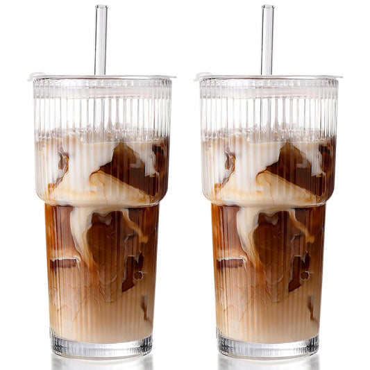 2Pcs Iced Coffee Cups with Lid Ribbed Glass Tumbler with Straw Leak Proof Reusable