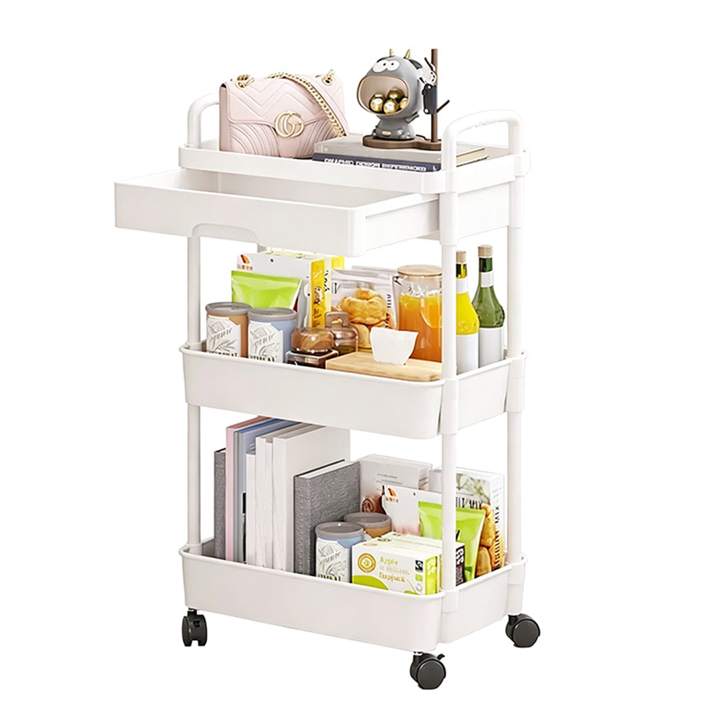 3 Tier Rolling Utility Cart with Removable Drawer for Kitchen Snack Craft-White