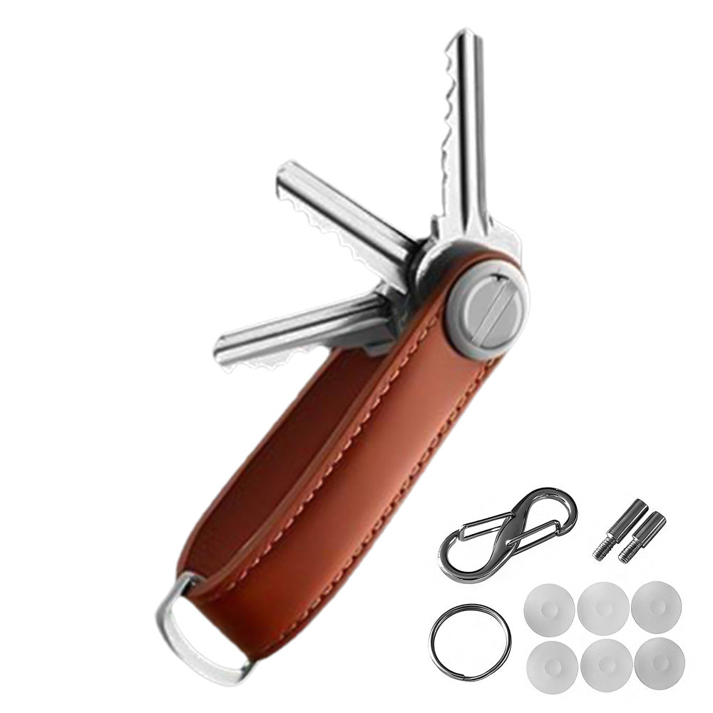 Leather Smart Key Holder Folding Key Organizer Clip Compact Keychain -Brown