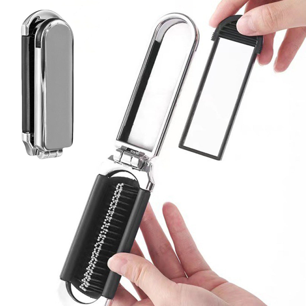 2Pcs Folding Hair Brush with Detachable Makeup Mirror Portable for Travel-Silver