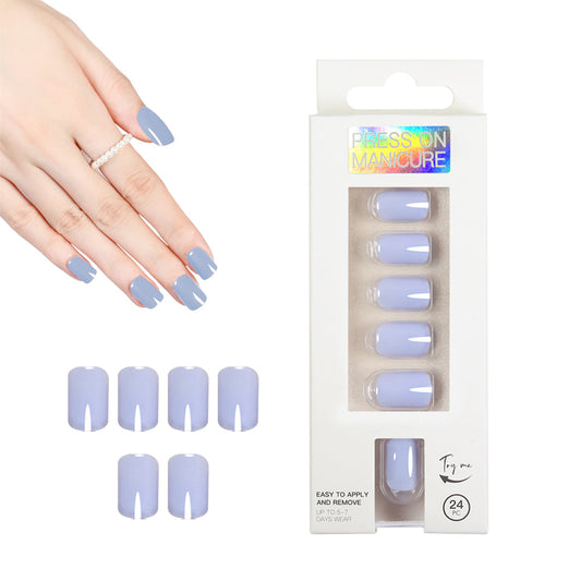 24Pcs Press On Nails Solid Color Self-Adhesive Fake Nails Blue