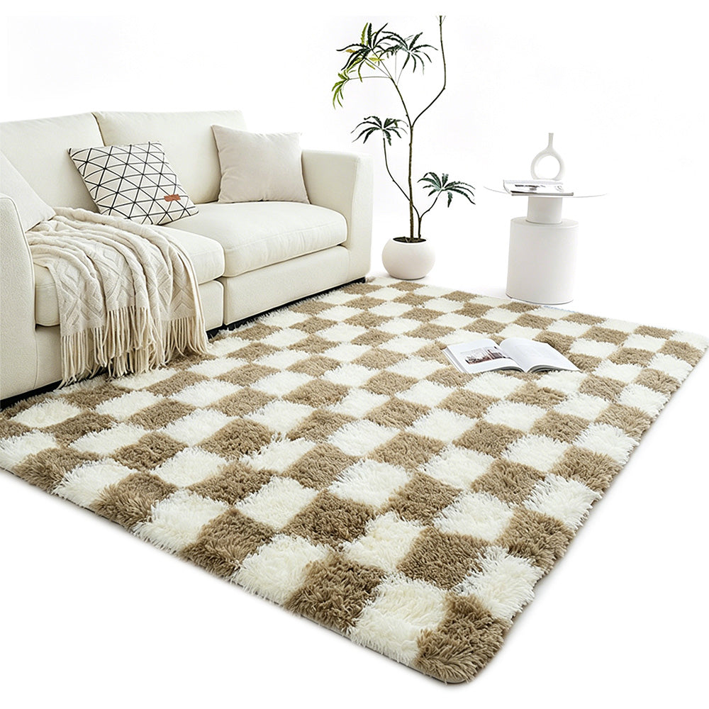 Checkered Plush Shaggy Rug Non Slip Carpet - Khaki