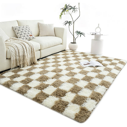Checkered Plush Shaggy Rug Non Slip Carpet - Khaki