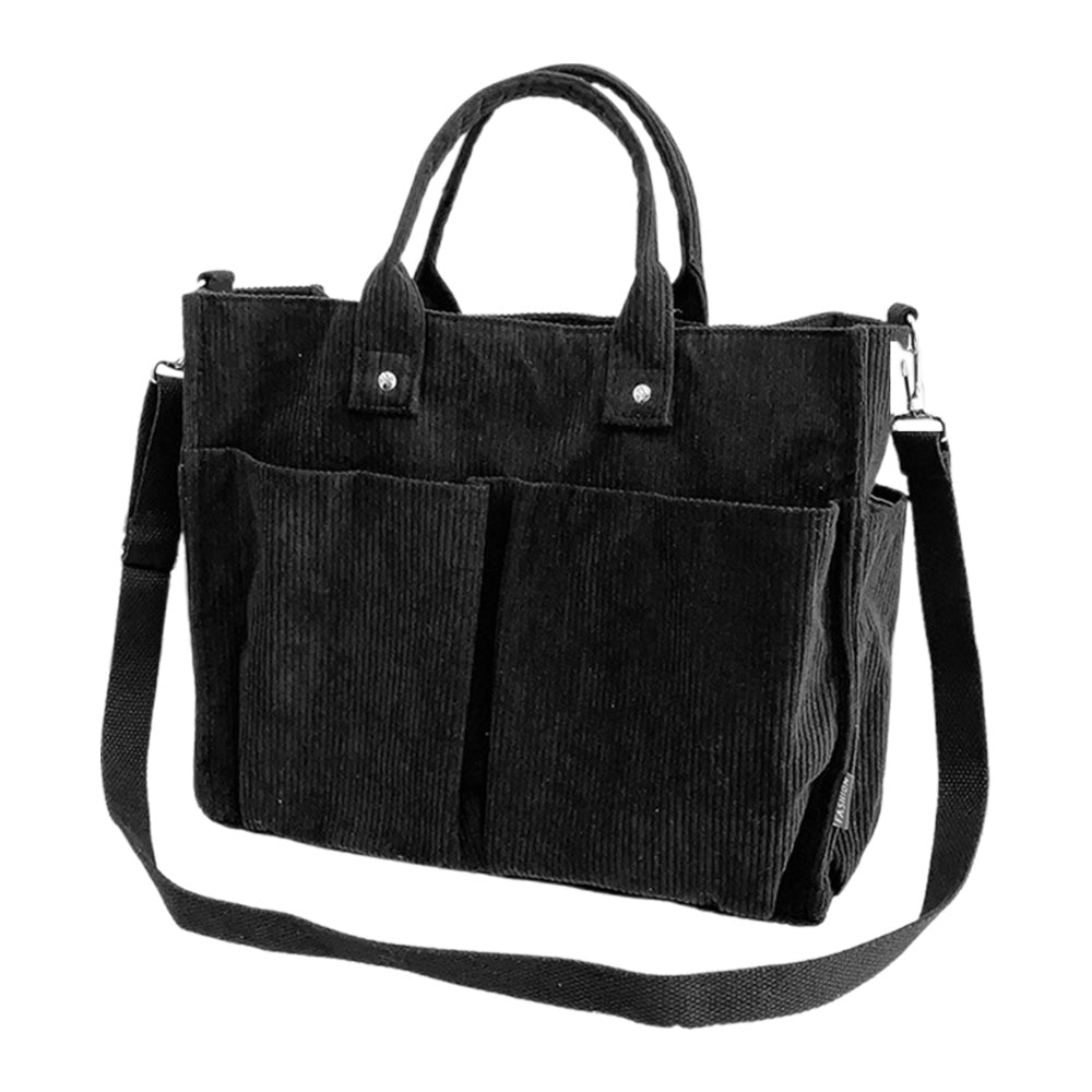 Corduroy Tote Bag Zipper Shoulder Bag Corduroy Crossbody Bag Square Handbag-Black