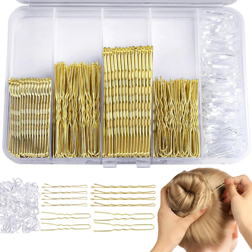 Hair Pins Set with Storage Box Bobby Pins & U Shaped Hair Clips Kit for Bun Updo Styling-Gold
