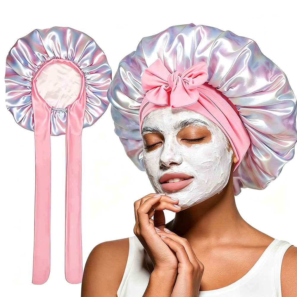 Satin Sleep Bonnet Hair Wrap for Women Adjustable Bow Print Silk Like Night Cap-Style3