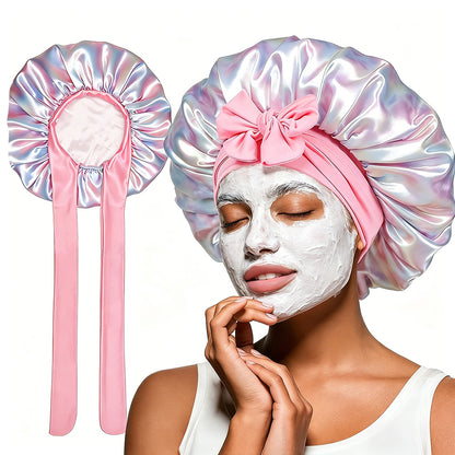 Satin Sleep Bonnet Hair Wrap for Women Adjustable Bow Print Silk Like Night Cap-Style3