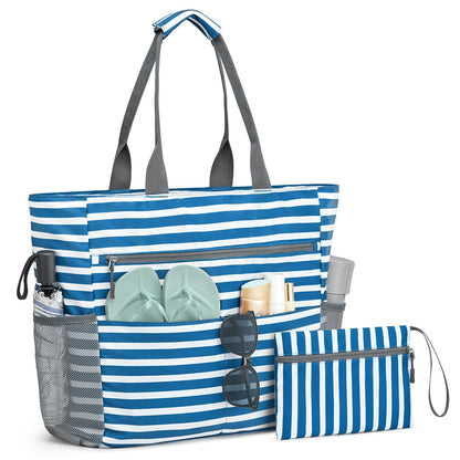 Beach Bag Large Foldable Sandproof Totes Bag With Zipper Beach Shoulder Bag-Blue