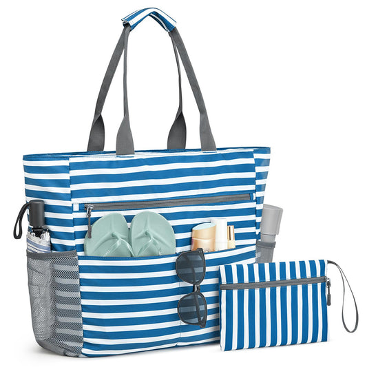 Beach Bag Large Foldable Sandproof Totes Bag With Zipper Beach Shoulder Bag-Blue