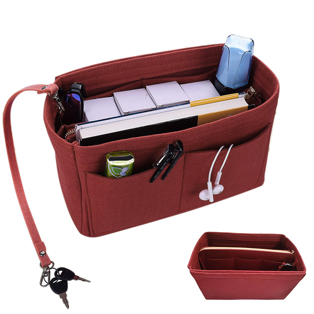 Thick Felt Tote Bag Organizer Insert with Multiple Pockets -Wine Red