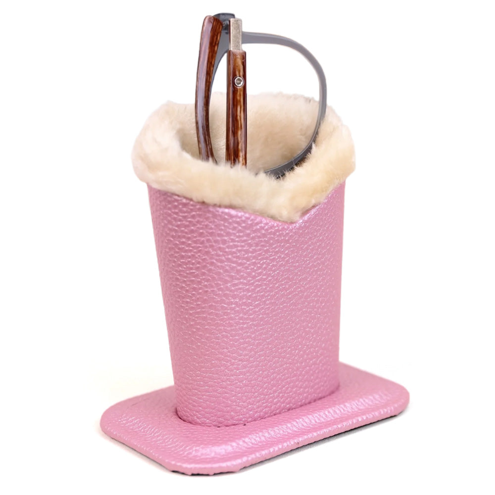 Soft Plush Lined Eyeglasses Desk Holder PU Leather Glasses Display Stand With Base-Pink