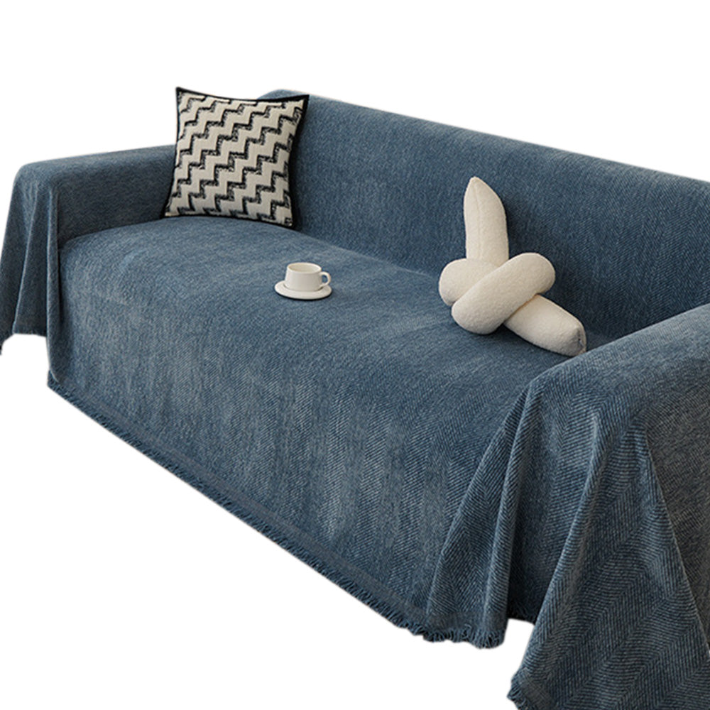 Herringbone Tassel Sofa Throw Cover Large Blanket - Blue