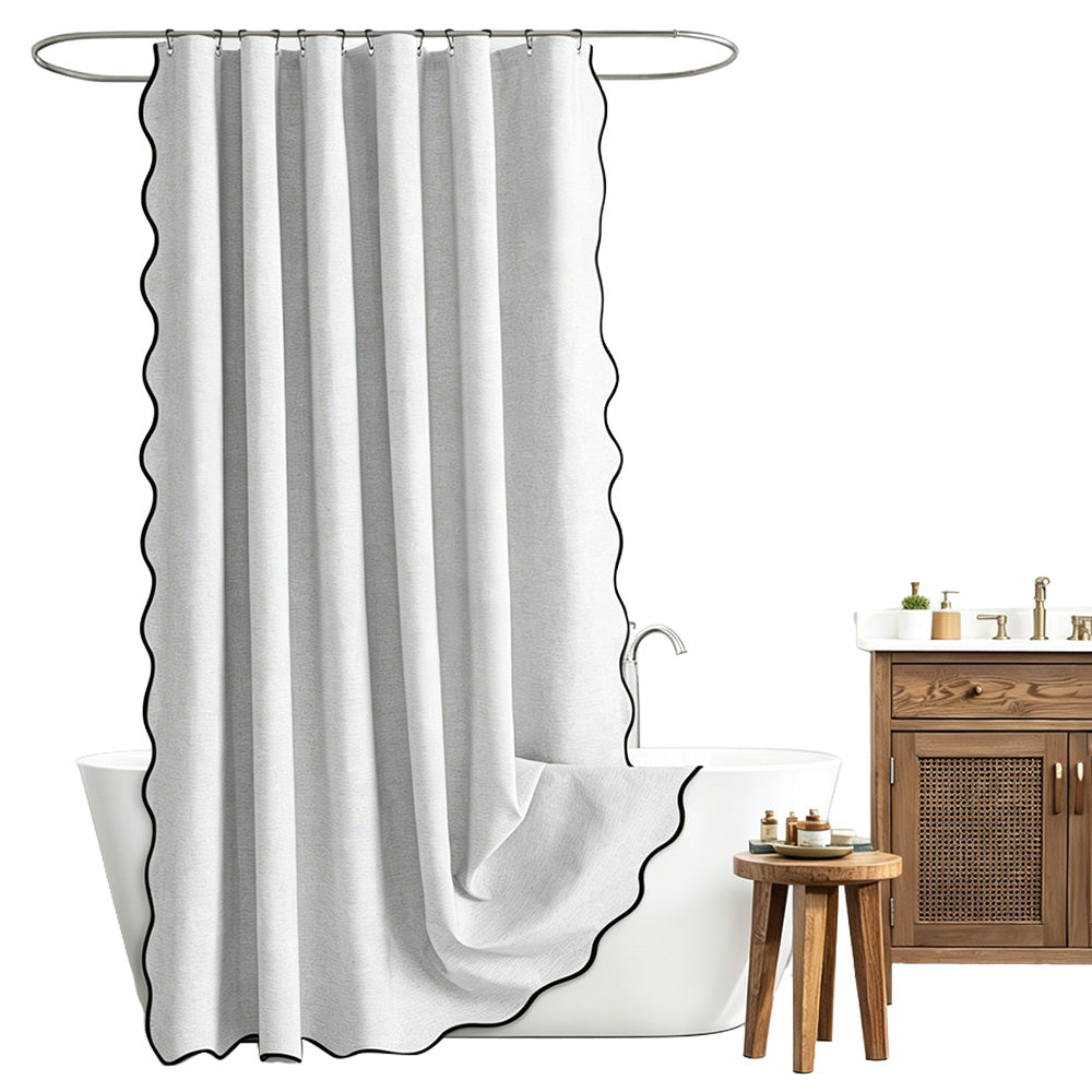 Waterproof Shower Curtain Thick Boho Wavy Edge With Rustproof Hooks-Silver