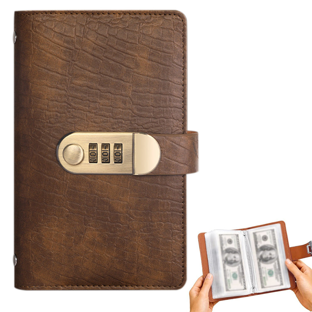 Combination Lock Cash Book PU Leather 100 Envelope Money Saving Wallet Brown