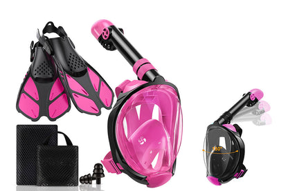 Snorkeling Goggles Foot Flippers and Snorkel Scuba Diving Set-Rose Red