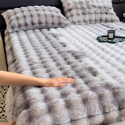 Plush Fitted Sheet with 2 Pillowcases Set Warm Mattress Cover Faux Fur Fitted Sheet Bedding Kit Grey