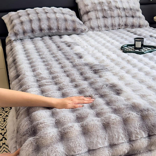 Plush Fitted Sheet with 2 Pillowcases Set Warm Mattress Cover Faux Fur Fitted Sheet Bedding Kit Grey
