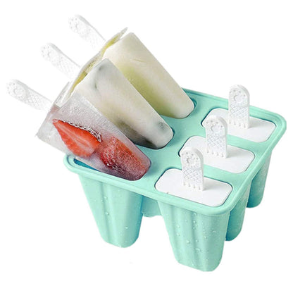 6 Cavity Ice Cream Mould Block Popsicle Molds Ice Lolly Mold With Sticks -Light Green
