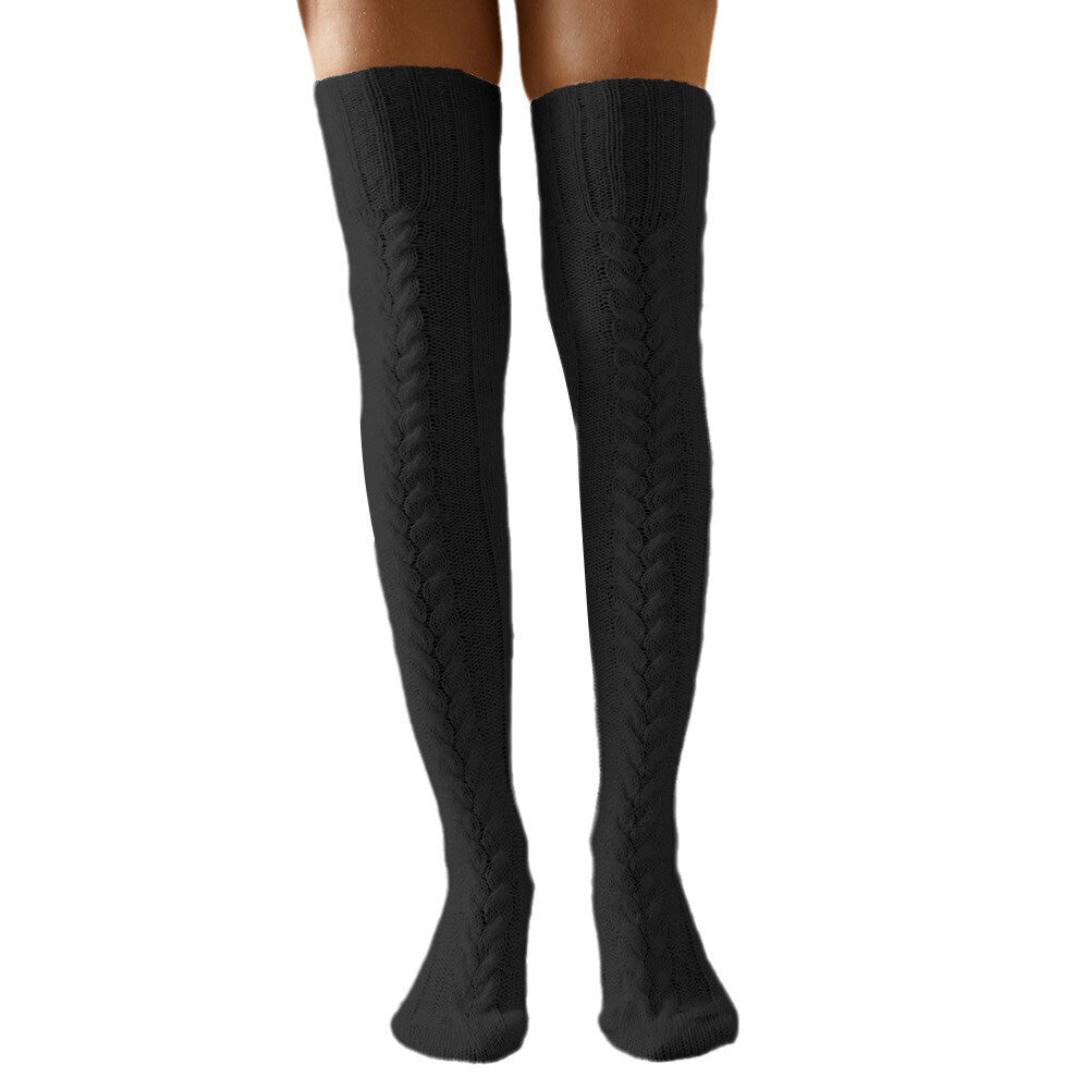 Women's Knitted Over Knee Socks Thick and Warm Long Stockings-Black