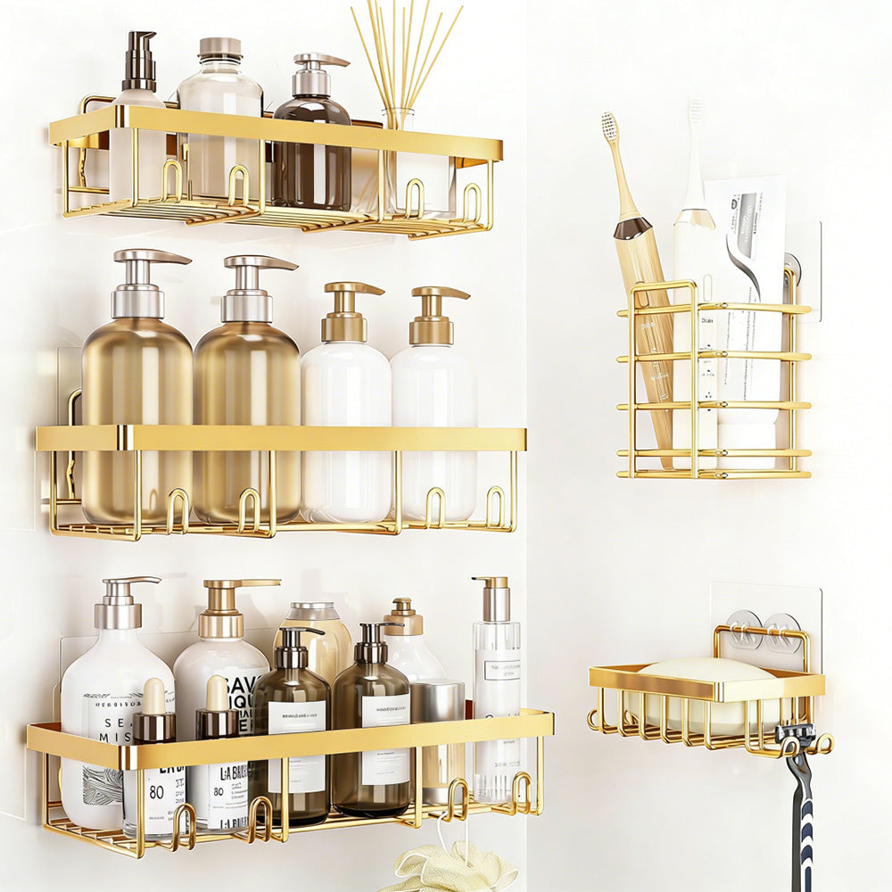 5Pcs Shower Caddy Adhesive Bathroom Wall Organizer Rack-Gold