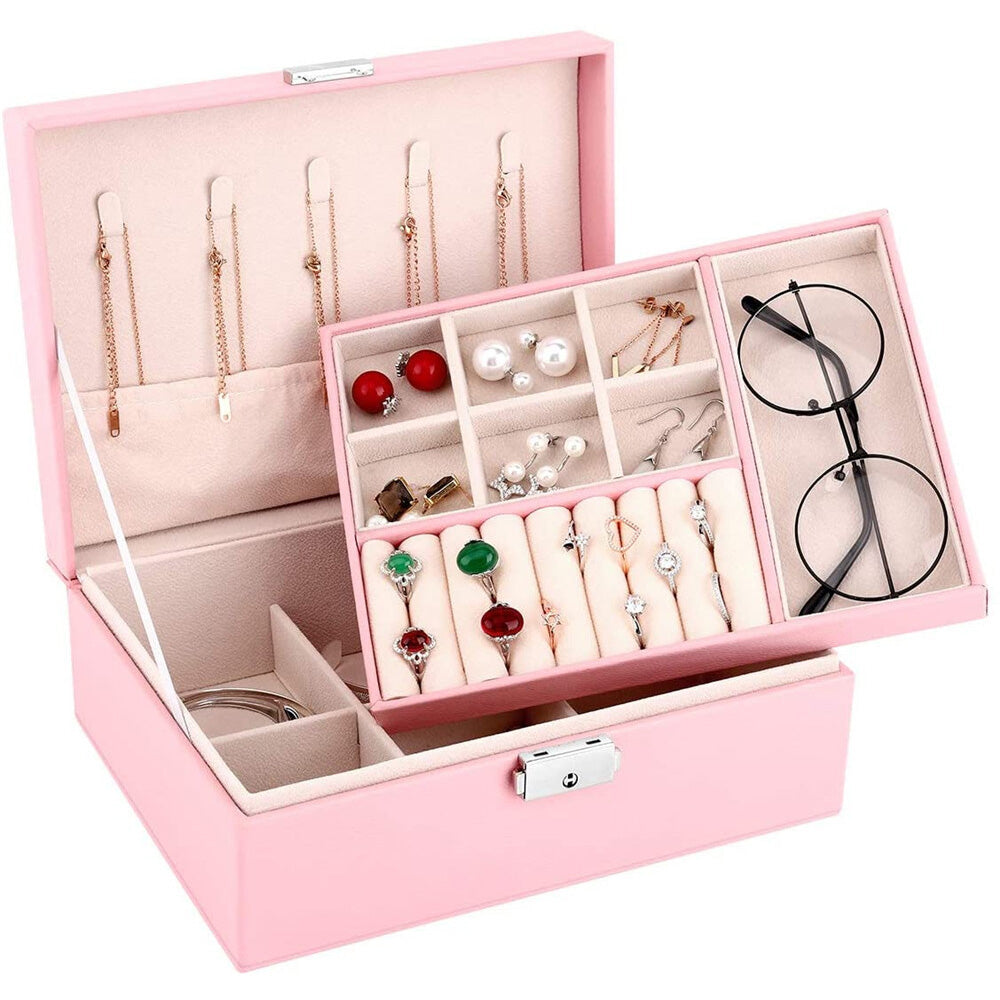 Jewellery Organiser Case Box Holder Storage Earring Ring Display with Lock and Key-Pink