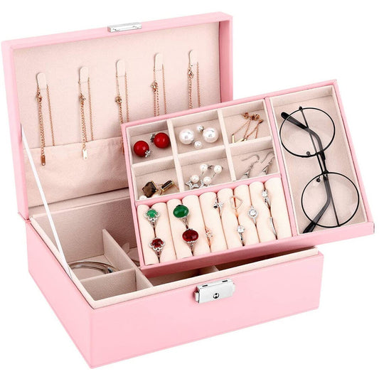 Jewellery Organiser Case Box Holder Storage Earring Ring Display with Lock and Key-Pink