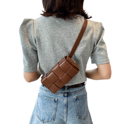 PU Leather Woven Style Crossbody Bag Small Shoulder Fanny Pack for Women Coffee