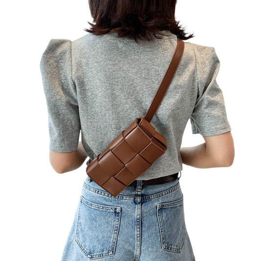 PU Leather Woven Style Crossbody Bag Small Shoulder Fanny Pack for Women Coffee