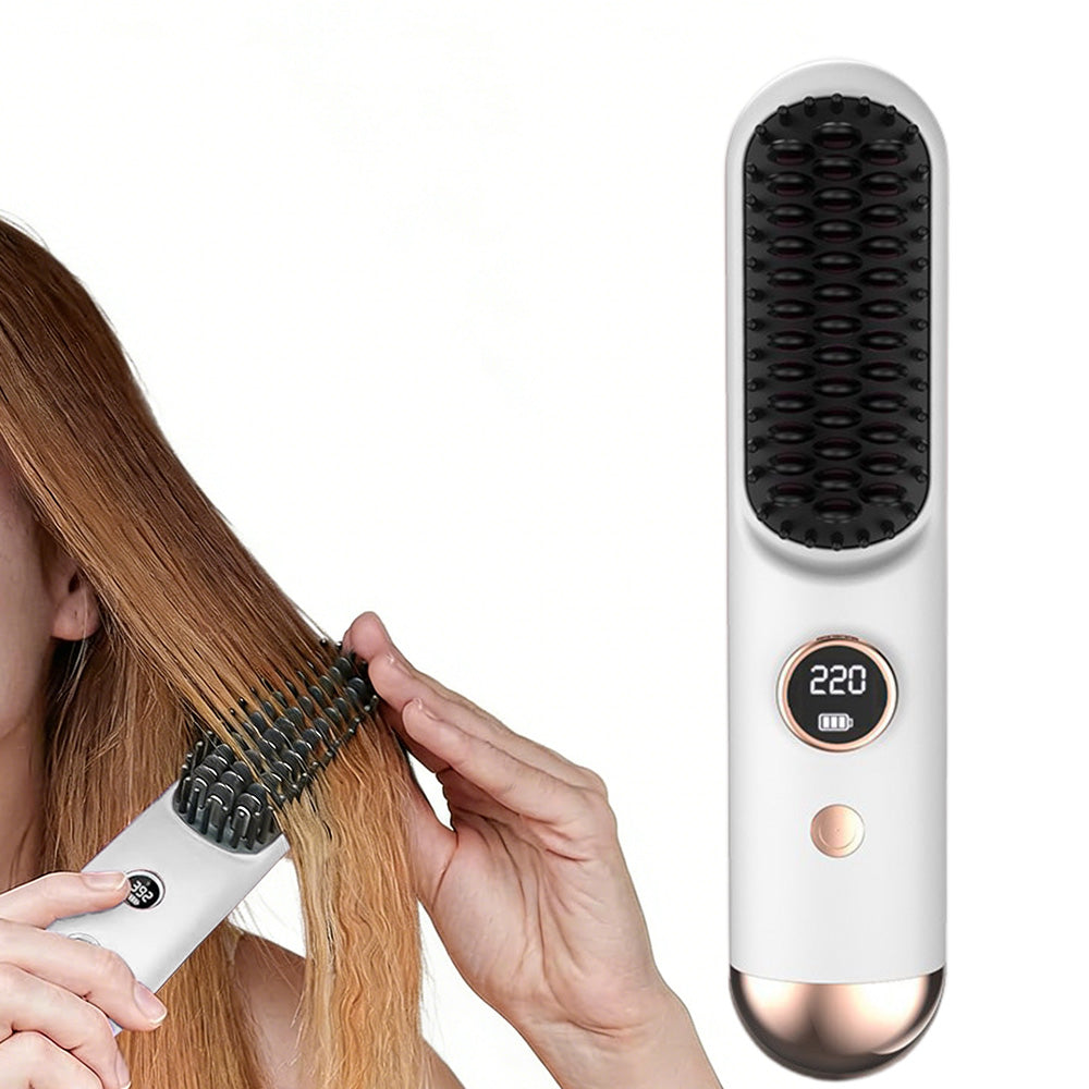 Cordless LCD Hair Straightening Brush 2-in-1 Portable Styling Tool for Travel-White