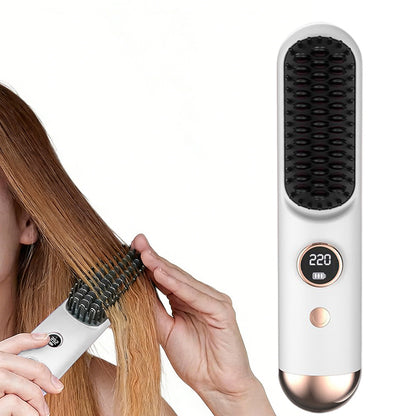 Cordless LCD Hair Straightening Brush 2-in-1 Portable Styling Tool for Travel-White