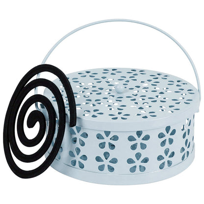 Metal Mosquito Coil Holder with Lid Portable Hanging Incense Burner Box Blue