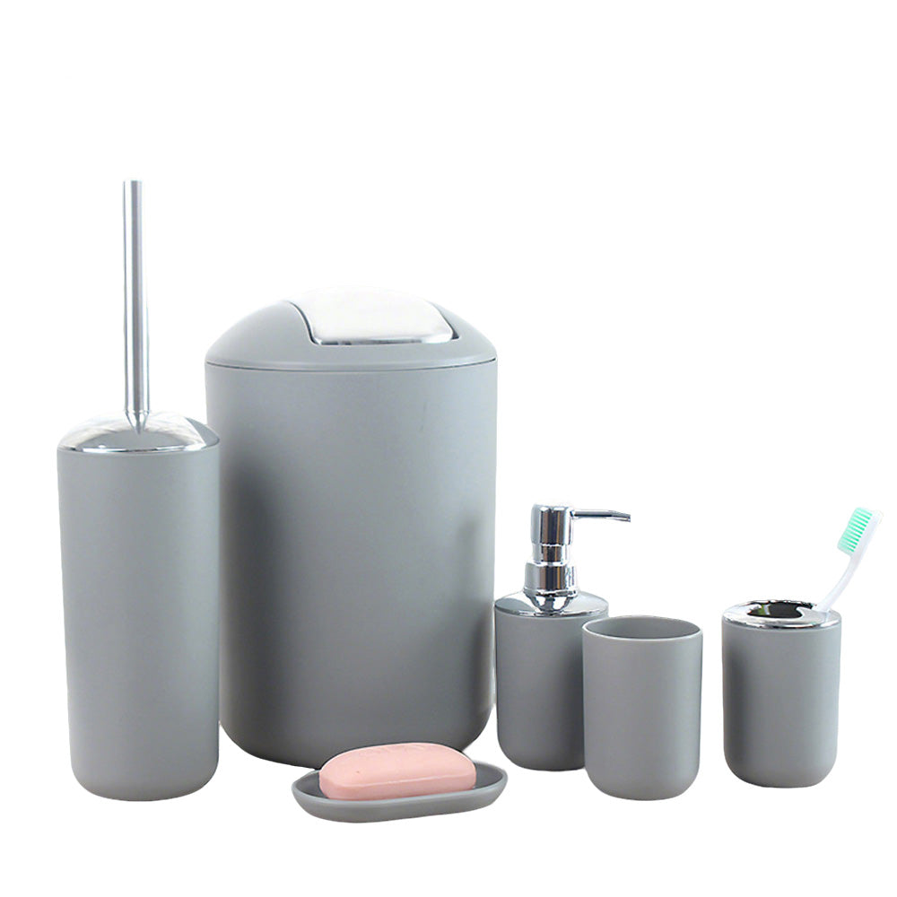 6 Piece Bathroom Accessories Set Soap Dish Soap Dispenser Toothbrush Holder Toilet Brush Trash Bin-Grey