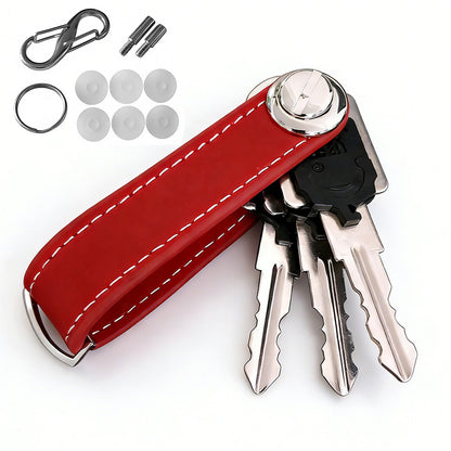 Leather Smart Key Holder Folding Key Organizer Clip Compact Keychain -Red