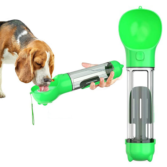 4 in 1 Pet Feeder Dog Cat Puppy Water Bottle Cup with Poop Bag Holder for Yorkie-Green